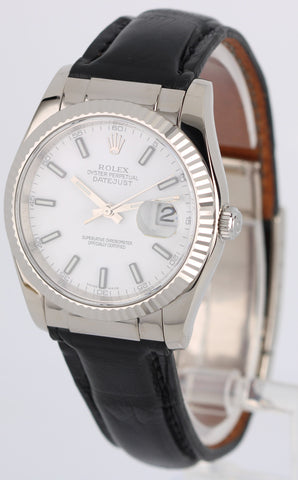 Rolex DateJust 18K White Gold Fluted White 36mm Leather Strap 116139 Watch