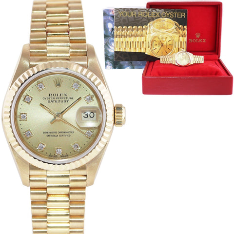 Factory Champagne Diamond Ladies Rolex DateJust President 26mm 69178 Yellow Gold Watch