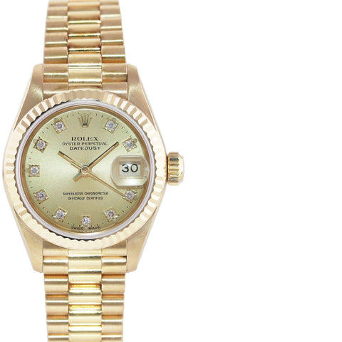 Factory Champagne Diamond Ladies Rolex DateJust President 26mm 69178 Yellow Gold Watch