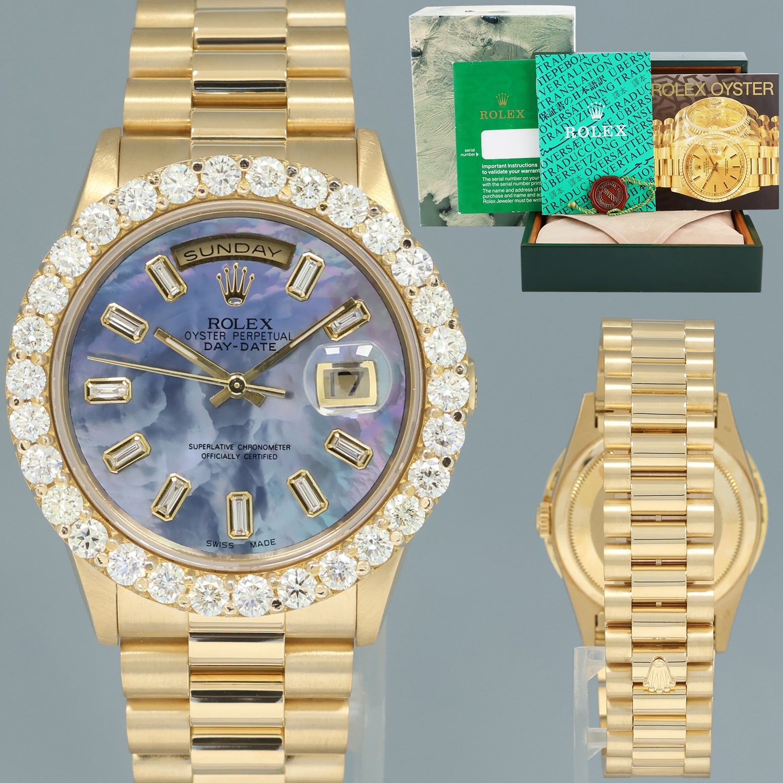 Rolex President Blue MOP Baguette Diamond 18238 Double Quick Set Yellow Gold Watch