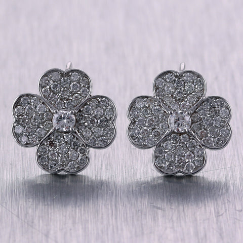 Vintage Estate 14k White Gold 2.50ctw Diamond Flower Earrings