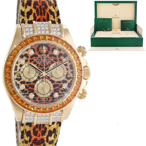 MINT Rolex Daytona 116598SACO Yellow Gold Leopard Safari Diamond Watch Box