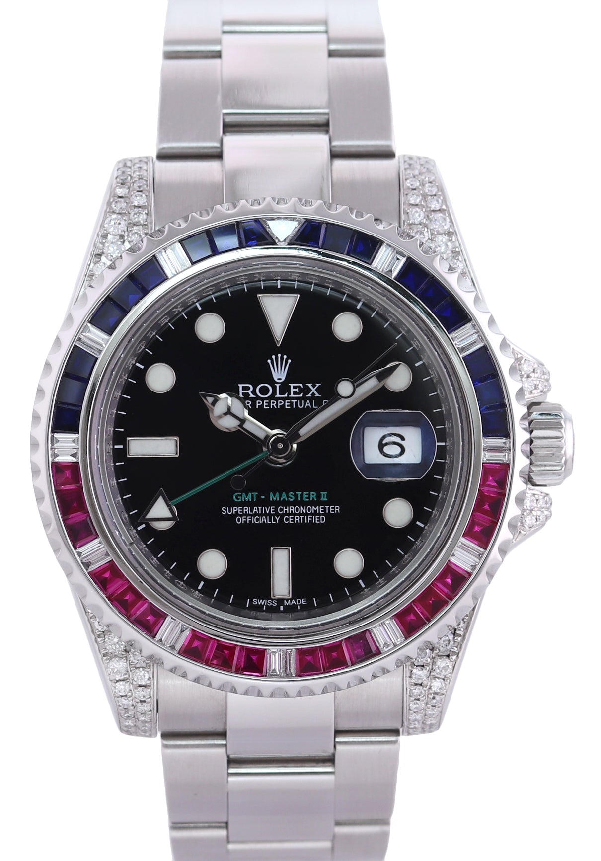 2016 MINT Diamond Ruby & Sapphire Rolex GMT Master II 116710 Steel 40mm Black Watch
