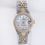 Diamond Ladies Rolex DateJust 26mm Two Tone Gold Steel Mother of Pearl Watch