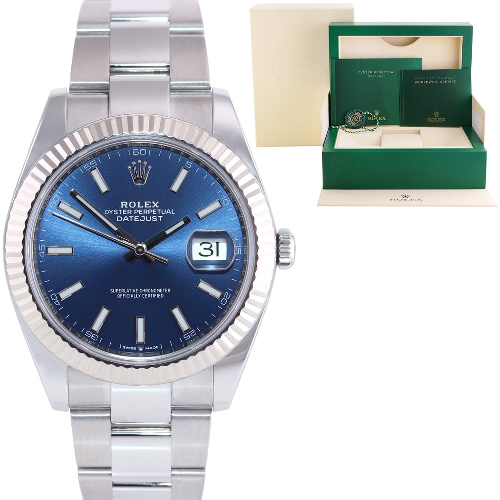 NEW 2022 Rolex DateJust 41 Blue Stick Oyster Stainless Steel Fluted 126334 Watch Box
