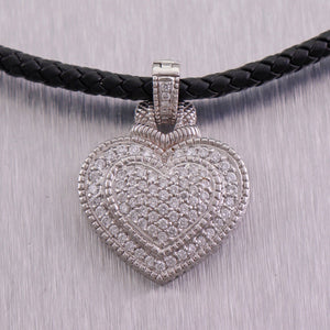 Judith Ripka 18k White Gold & Black Leather 2ctw Diamond Heart Pendant 15" Necklace