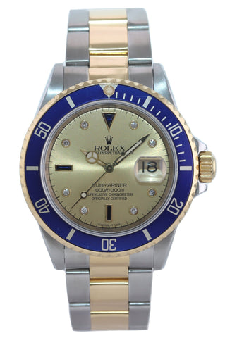MINT Rolex Submariner 16613 Two Tone Gold Champagne Serti Diamond Watch Box
