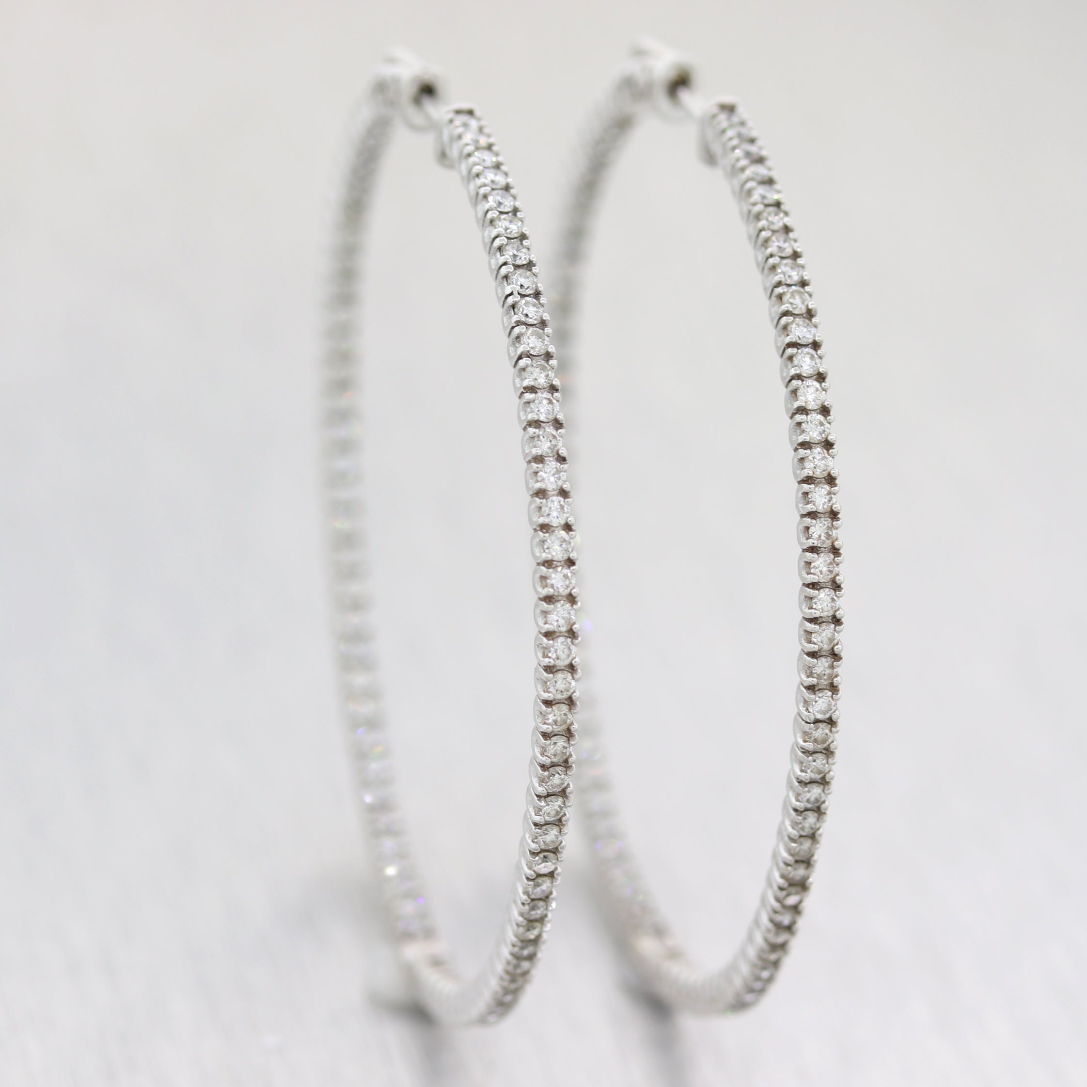 Modern 14k White Gold Extra Large 3ctw Diamond In & Out Hoop Earrings