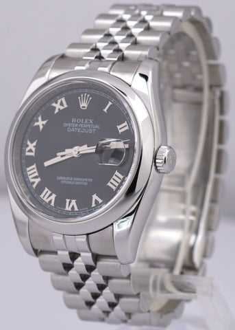 MINT Rolex DateJust 36mm BLACK ROMAN Stainless Steel SUPER JUBILEE 116200 Watch