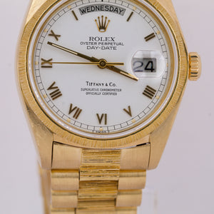 Rolex Day-Date President 36mm WHITE ROMAN 18K Yellow Gold TIFFANY Bark 18078