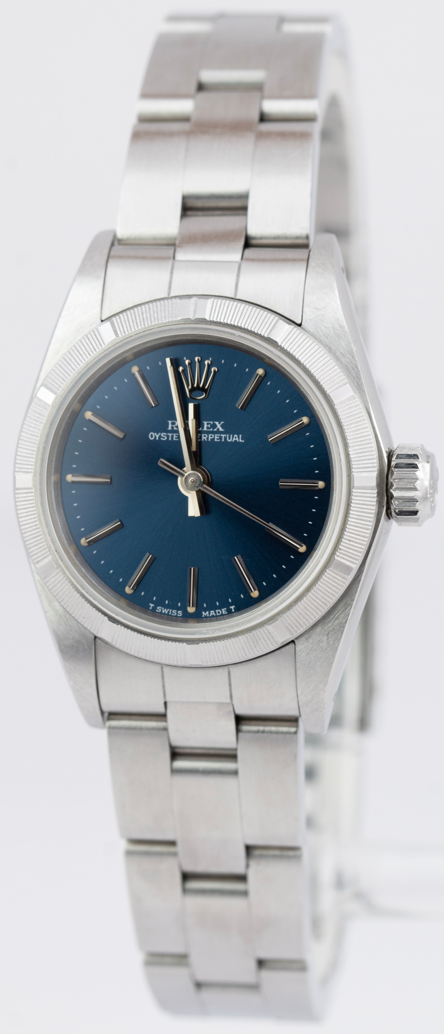 Ladies Rolex Oyster Perpetual Engine Turned Blue 24mm Steel Oyster Watch 67230