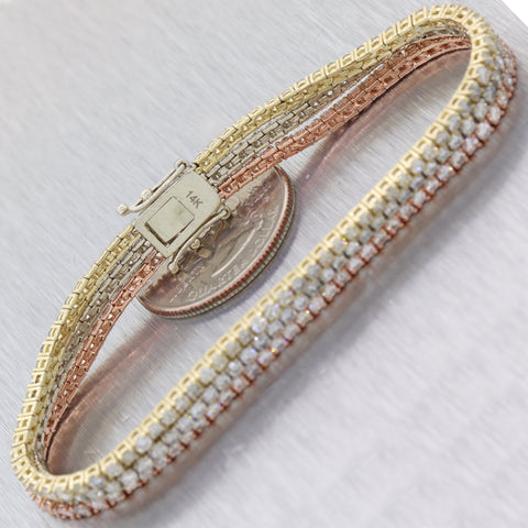 14k Yellow White & Rose Gold 7.47ctw Diamond 6mm Wide 3 Row Tennis Bracelet