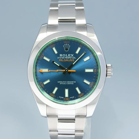 MINT 2021 Rolex Milgauss Blue Anniversary Green 116400GV Steel 40mm Watch Box