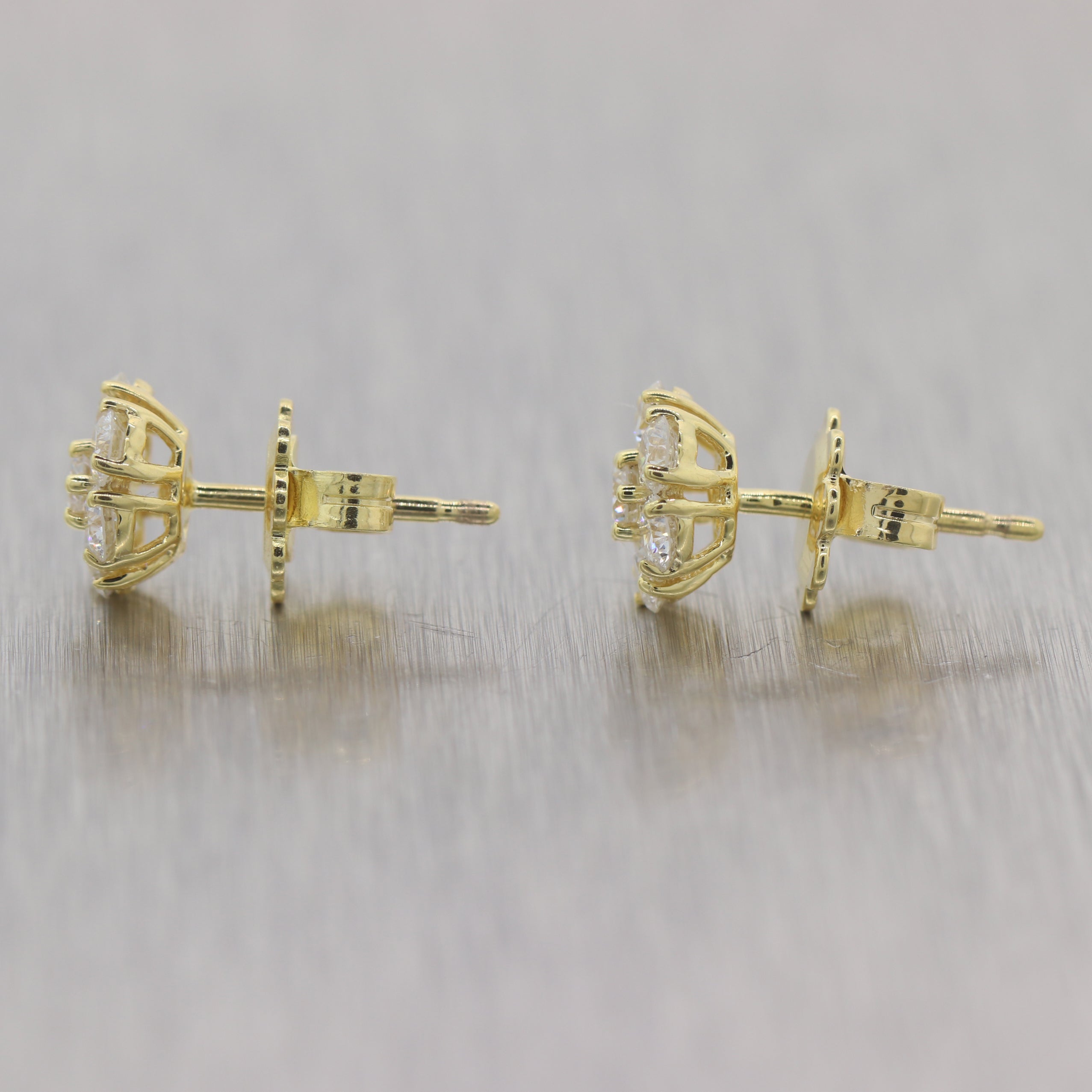 Modern 14k Yellow Gold 1.00ctw Diamond Flower Cluster Earrings
