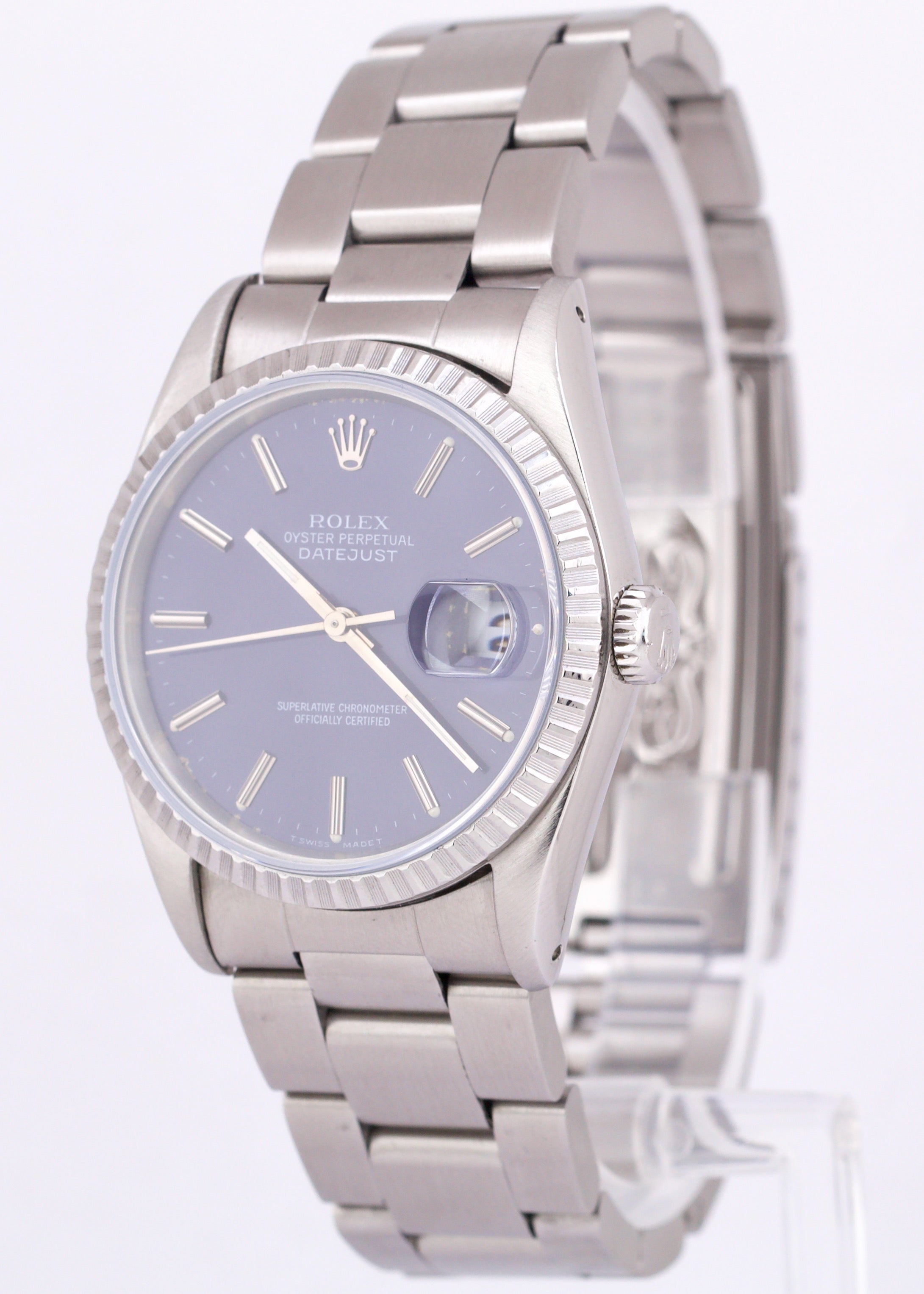 Rolex DateJust BLUE White 36mm ENGINE TURNED Stainless Steel Oyster Watch 16220