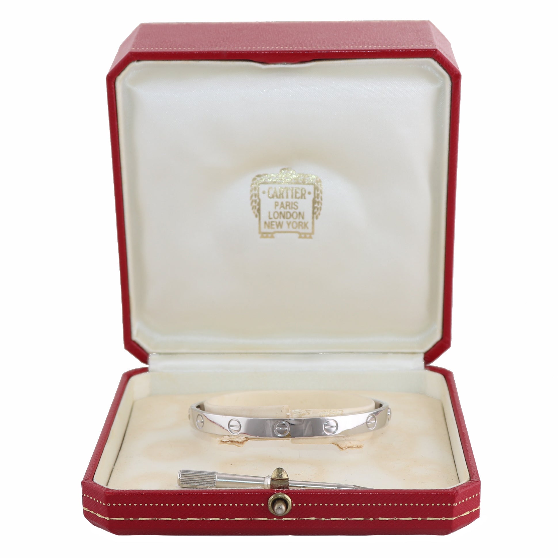1999 Cartier 18k White Gold Old Style Love Bangle Bracelet Size 17 B&P