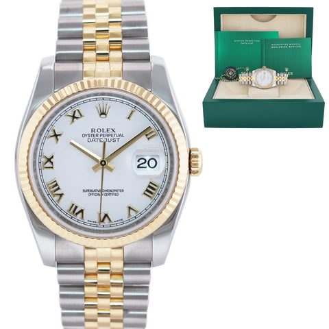 2011 MINT Rolex DateJust Jubilee Two Tone Gold 36mm White Roman 116233 Watch Box