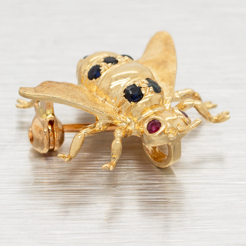 Vintage Ruby & Sapphire Bee Pendant Brooch in 14k Yellow Gold - Bail or Pin