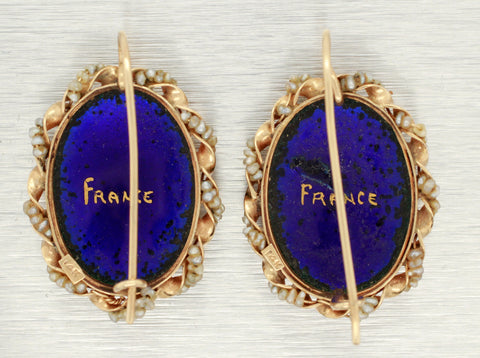 Antique French Blue Enamel Cameo Oval Earrings in 14k Yellow Gold with Pearls
