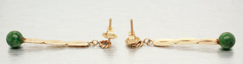 Vintage Long Woven Drop Dangle 3ctw Orb Nephrite Earrings - 14k Yellow Gold