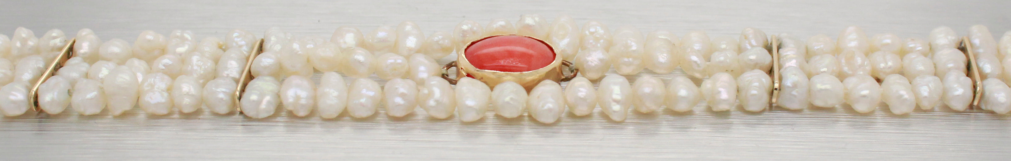 Vintage Red Coral and Pearl Beaded Strand Bracelet with 14k Yellow Gold - 7.00"