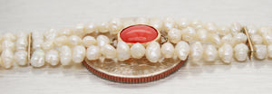 Vintage Red Coral and Pearl Beaded Strand Bracelet with 14k Yellow Gold - 7.00"