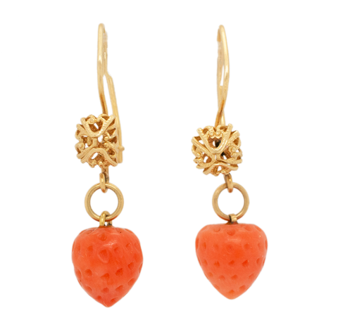 Antique Art Deco Coral Strawberry Drop Earrings in 14k Yellow Gold