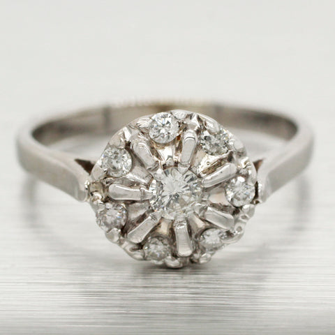 Antique Art Deco 0.40ctw 7-Petal Diamond Flower Ring - 14k White Gold - 6.50