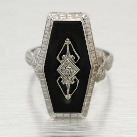 Antique Art Deco Diamond & Onyx Hexagon Cocktail Ring - 14k White Gold