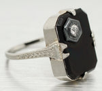 Antique Art Deco 0.05ct Diamond and Onyx Cocktail Ring - 18k White Gold