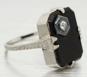Antique Art Deco 0.05ct Diamond and Onyx Cocktail Ring - 18k White Gold