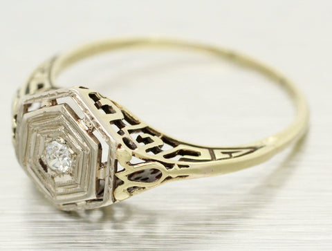 Antique Art Deco 0.05ct Diamond Hexagonal Filigree Band Ring - 14k Yellow Gold