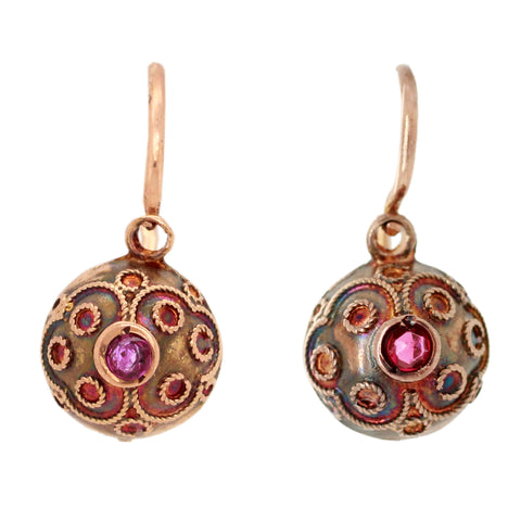 Antique Art Nouveau Ruby Ornate Sphere Drop Earrings - 14k Rose Gold