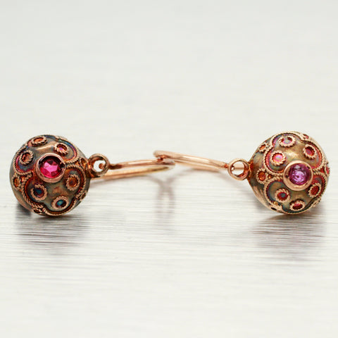 Antique Art Nouveau Ruby Ornate Sphere Drop Earrings - 14k Rose Gold