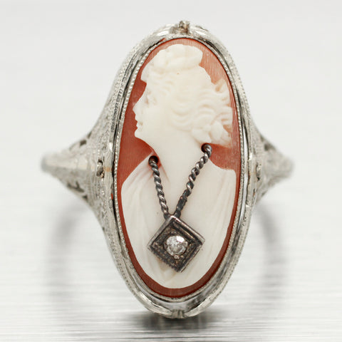Antique Art Deco Reversible Cameo / Onyx Cocktail Ring - Filigree 14k White Gold