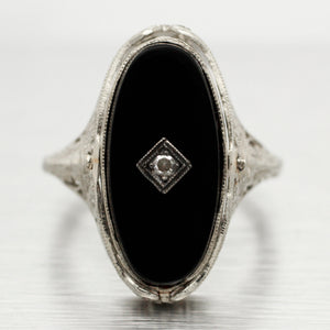 Antique Art Deco Reversible Cameo / Onyx Cocktail Ring - Filigree 14k White Gold