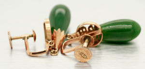 Good Fortune Jade Drop Earrings - 14k Yellow Gold | Dangle Screw-Back Clip-On