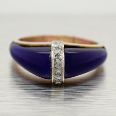 Vintage Blue Lapis Lazuli and Diamond Band Ring - 14k Yellow Gold - Size 6.25