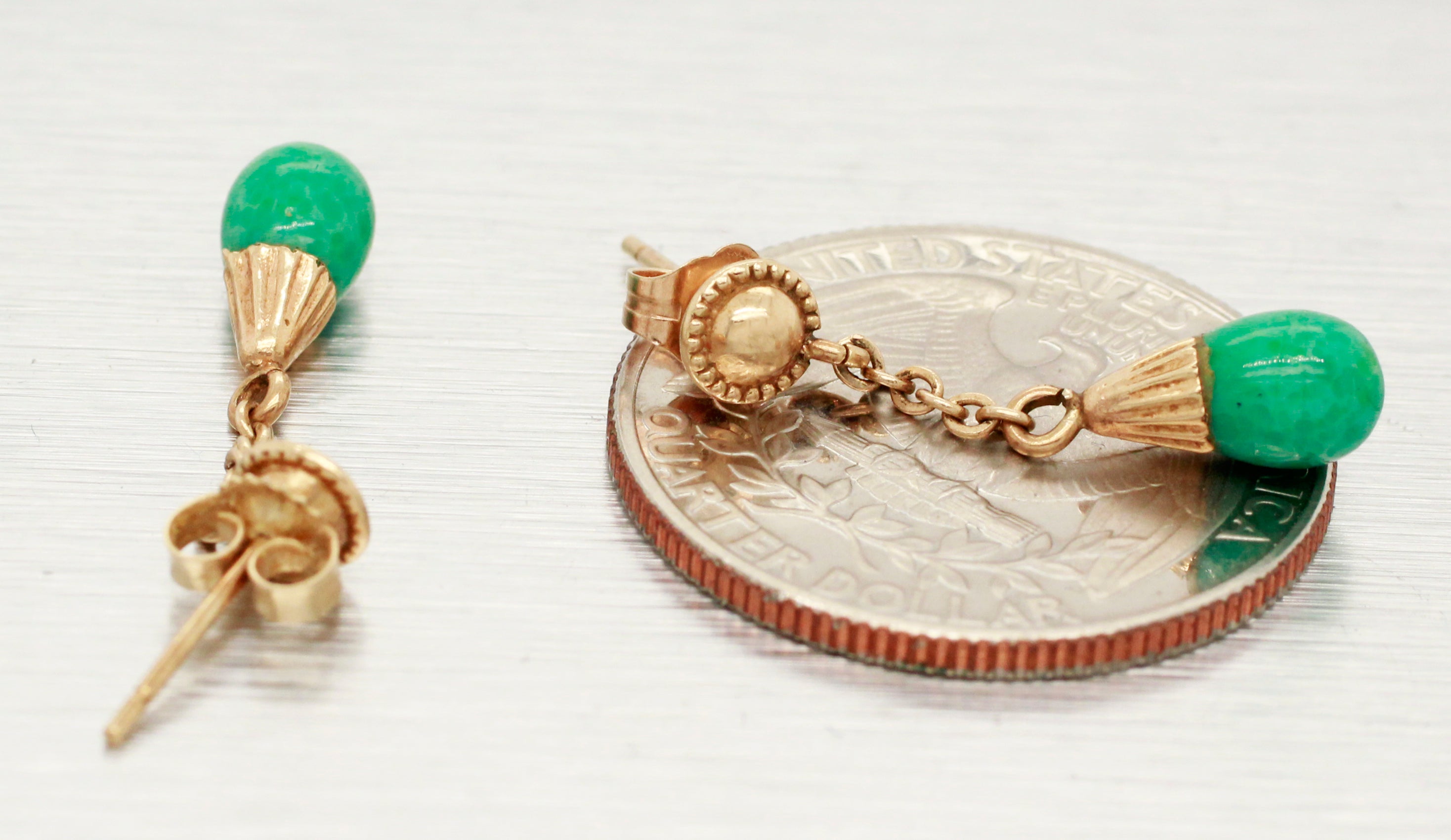 Vintage Teardrop Jade Earrings - Drop/Dangle - 14k Yellow Gold