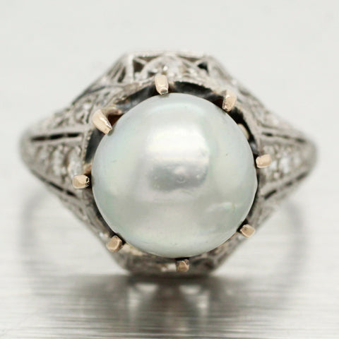 Antique Art Deco Large Pearl & Diamond Ring - Platinum & Gold - Size 5.25