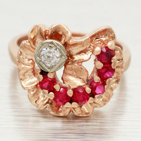 Antique Art Deco 0.50ctw Ruby & Diamond Floral Cocktail Ring - 14k Rose Gold
