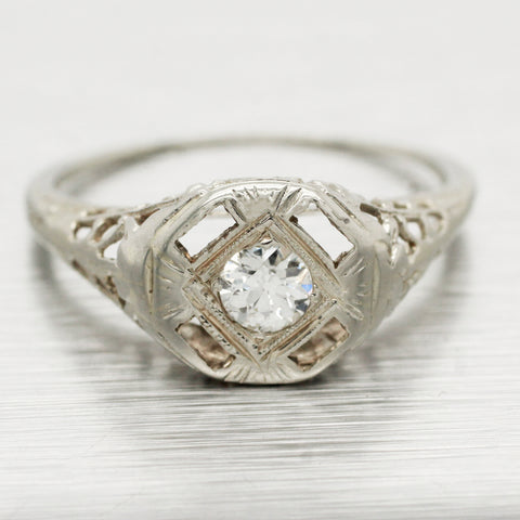 Antique Art Deco 0.20ct Diamond Solitaire Ring - 18k White Gold Filigree Setting