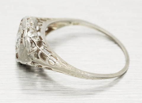 Antique Art Deco 0.20ct Diamond Solitaire Ring - 18k White Gold Filigree Setting