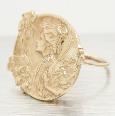 Antique Art Nouveau Emile Dropsy French Maiden Iris Cameo Ring - 14k Yellow Gold