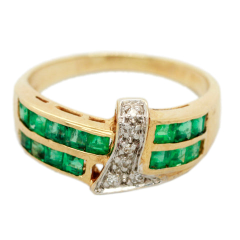 Vintage 0.60ctw Emerald and 0.15ctw Diamond Two Row Band Ring - 14k Yellow Gold