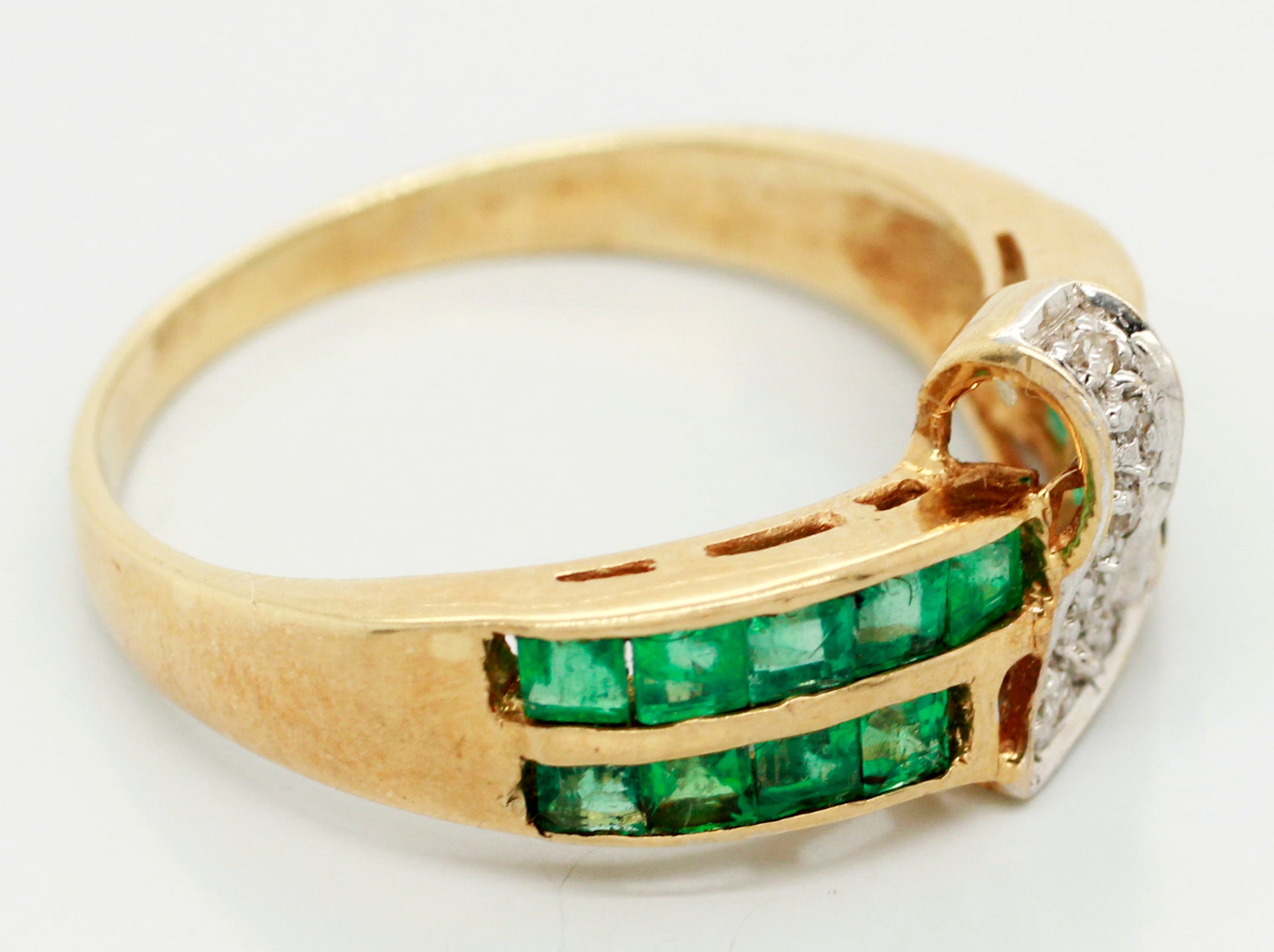 Vintage 0.60ctw Emerald and 0.15ctw Diamond Two Row Band Ring - 14k Yellow Gold