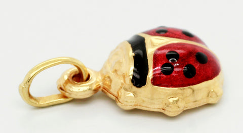 Vintage Black & Red Enamel Ladybug Pendant Charm in 18k Yellow Gold