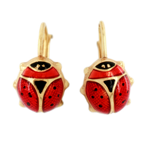 Vintage Red and Black Enamel Ladybug Earrings in 14k Yellow Gold - Leverback
