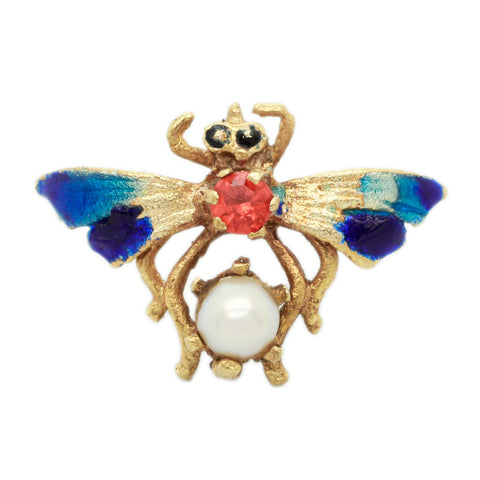 Vintage Orange and Pearl Blue Enamel Bug Moth Pin in 14k Yellow Gold