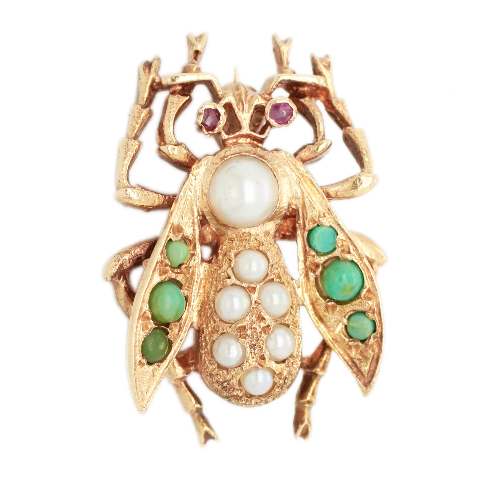 Antique Art Deco Pearl Turquoise Ruby Beetle Brooch - 14k Yellow Gold